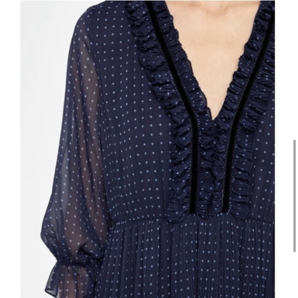 Zara Polka Dot Navy Dress with Pleats - Picture 4 of 10